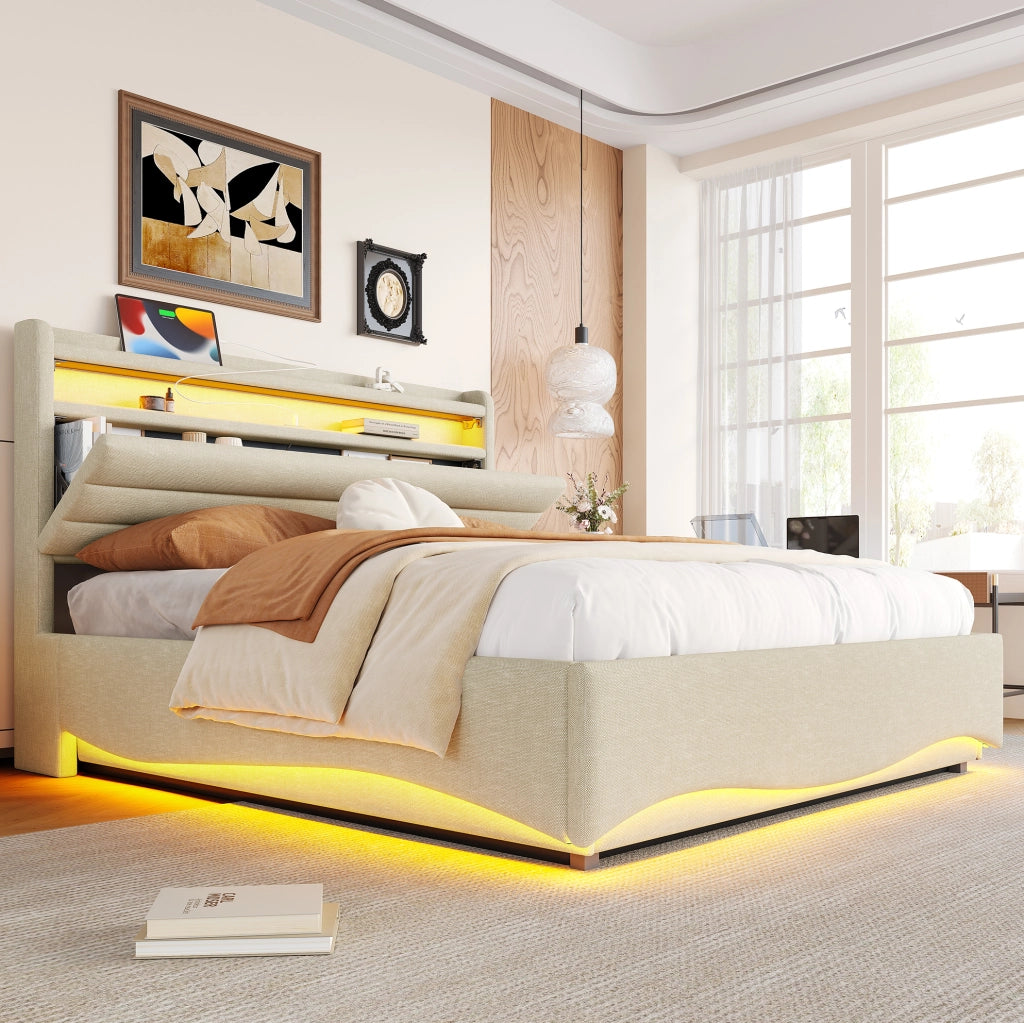 Letto imbottito 140x200 cm con contenitore idraulico; LED; USB e Type-C; in lino beige