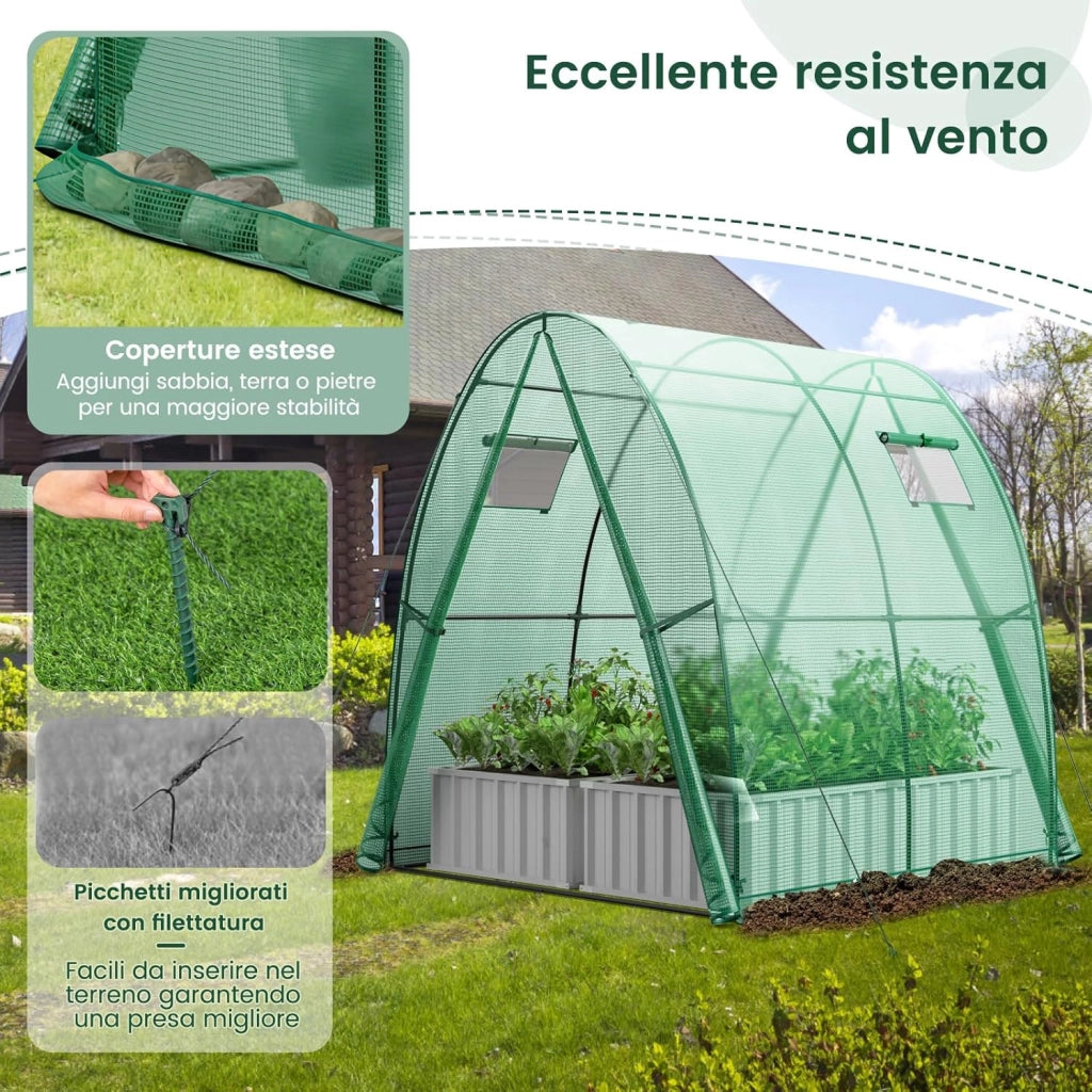 Serra da Giardino 181 x 181 x 200 CM, Serra a Tunnel da Esterno con 2 Porte con Zip, 2 Finestre, Copertura in PE Impermeabile e Tasche Laterali, Serra Invernale per Giardino (Verde)