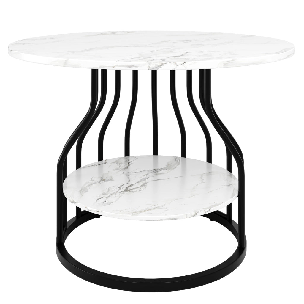 Tavolo da pranzo rotondo 80x80x76 cm con vano inferiore; MDF effetto marmo nero