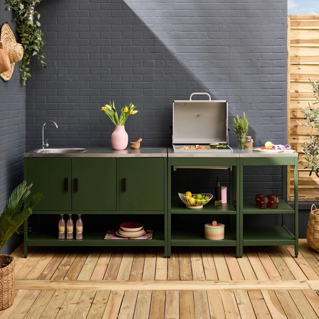 Cucina da esterno, 3 moduli e barbecue a carbone, verde