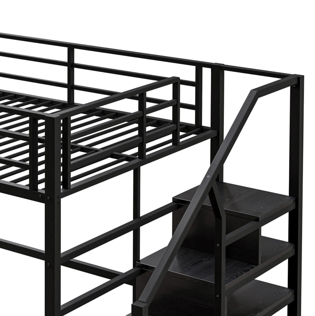 Letto a soppalco ULEVR 140x200 cm con ripiani, scala contenitore e sponde di sicurezza, nero