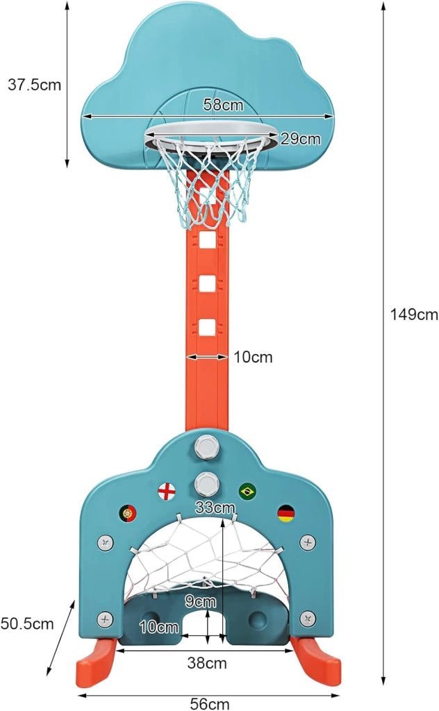 Basket per Bambini Centro Attività Multifunzione - Palla Canestro, Calcio e Golf, Mazza da Golf e Palle incluese, per Bambini, Altezza Regolabile (Nuvola Verde)