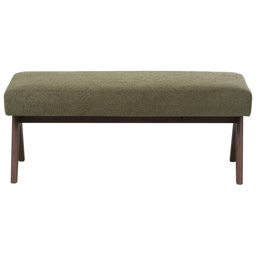 Panca Boucle Verde e marrone scuro con gambe in legno imbottite Panca per corridoio e panca da letto