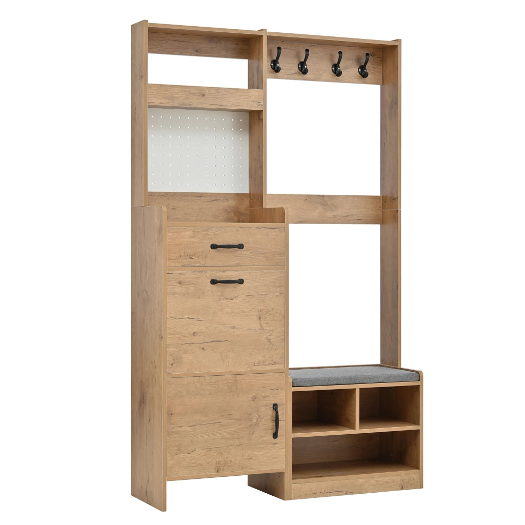 Mobile guardaroba multifunzione da ingresso con panca, 4 ganci, cassetto e 2 ante, Natural/White, 108,5 x 35 x 180 cm