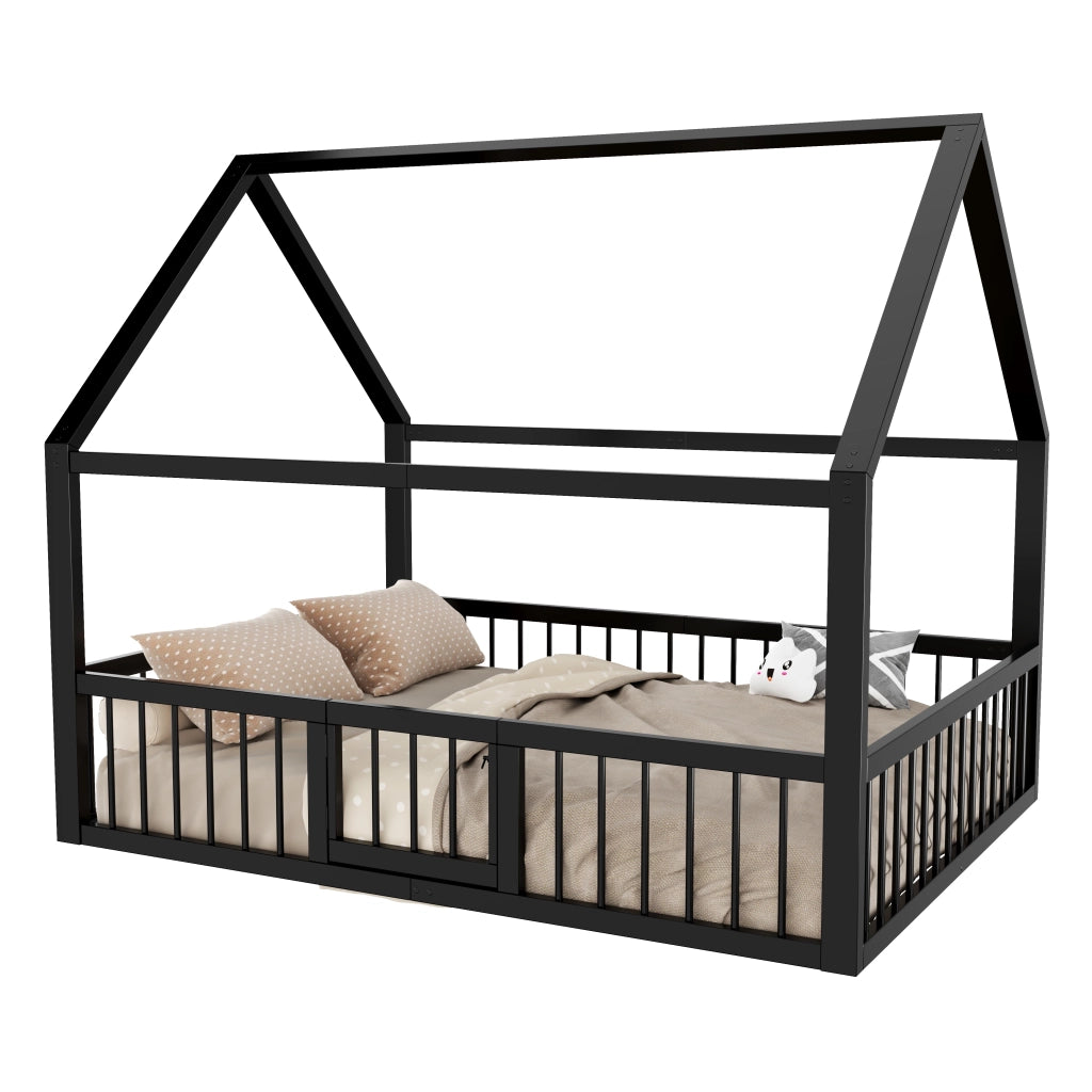 OKWISH Letto a casetta 140×200 cm, Letto Matrimoniale con Sponde e Cancelletto, senza Materasso, in Metallo, Nero