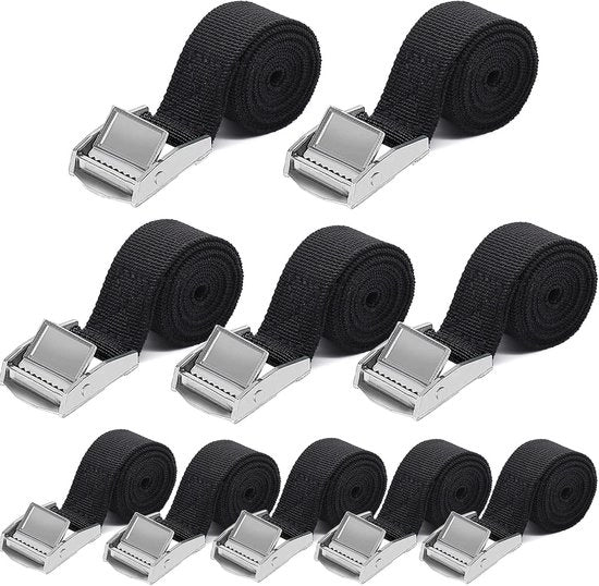 Cinture di corda 10 pezzi - 25 mm x 1 m - resistenza 250 kg - cintura di fissaggio - portabiciclette motocicletta - robuste cinture di corda - DIN EN 12195-2 - nero Cinture di corda con ronzino