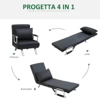 Poltrona Letto Moderna 2 in 1 con Schienale Reclinabile su 5 Posizioni e Cuscino, 65x77x80 cm, Nero