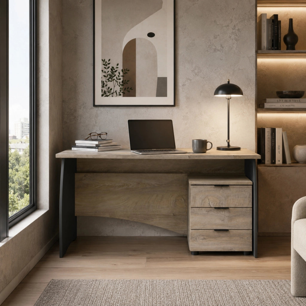 Scrittoio Con 3 Cassetti Scrivania Da Studio O Ufficio Mobile Desk Ideale Per Soggiorno E Sala Da Pranzo 136 X 74 X 67 Cm Grigio E Rovere