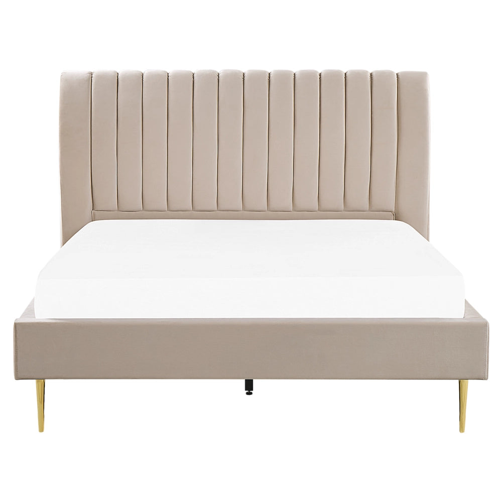 Letto imbottito velluto beige sabbia e oro rete a doghe testiera alta 180 x 200 cm testata alta design retrò