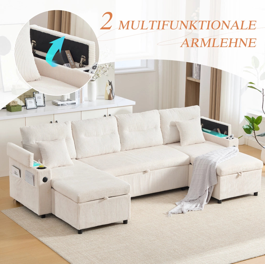 Divano 4 posti con due chaise longue; contenitore; portabicchieri e USB-C; 272x136x86 cm; beige