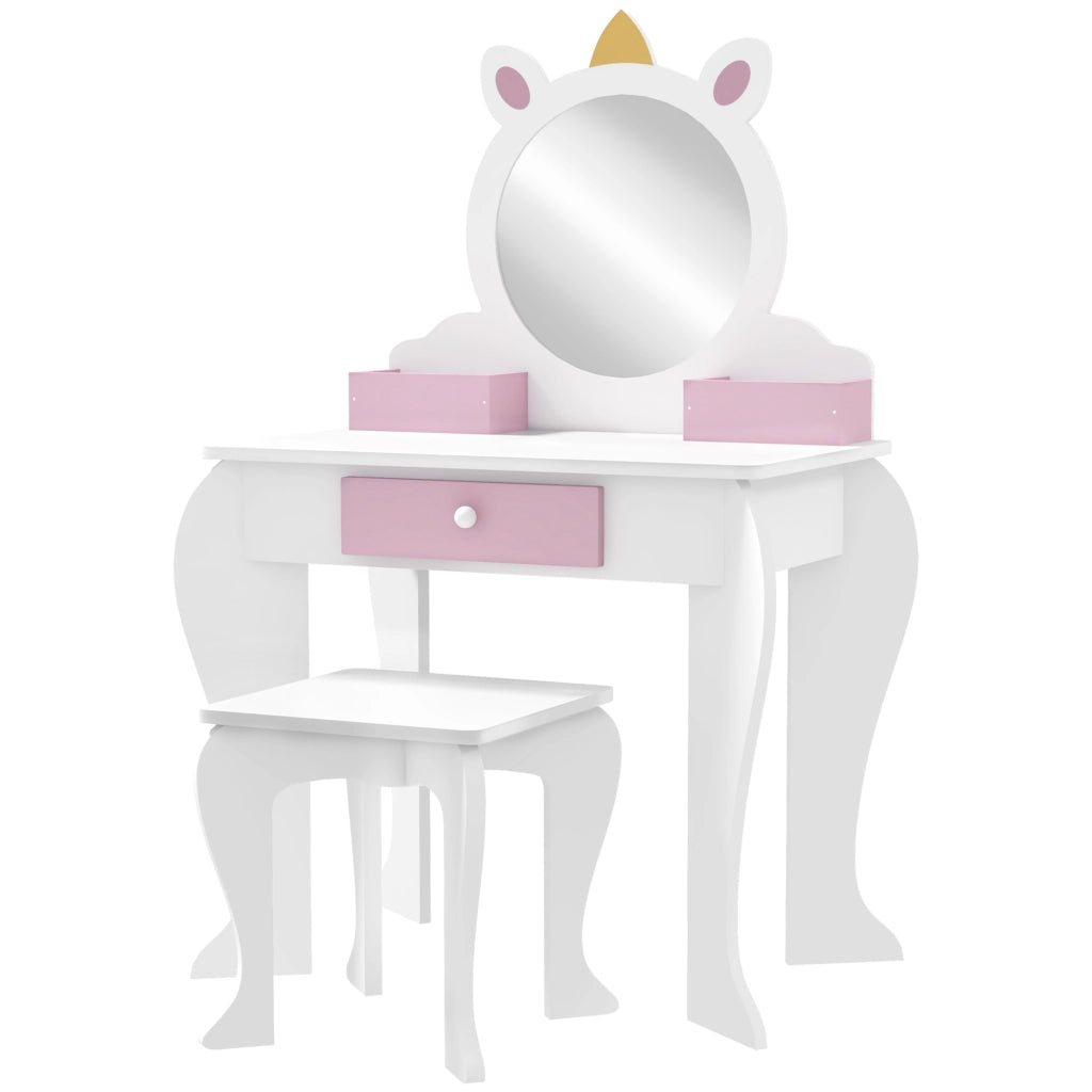 Tocador per bambini con specchio e sgabello ¨C zephmum ¨C design unicorno bianco
