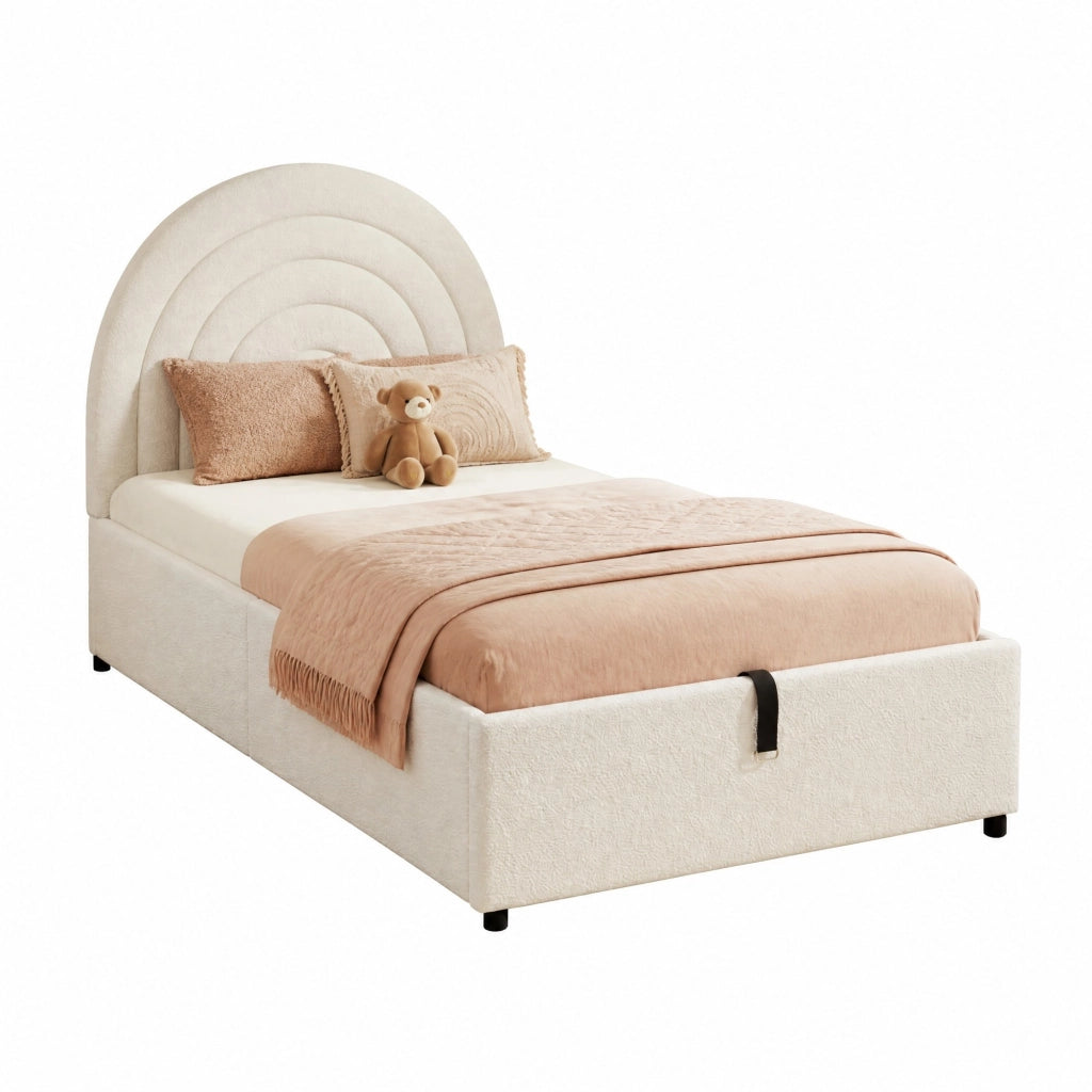 Letto imbottito 90x200 cm in bouclé beige con contenitore idraulico e testiera imbottita