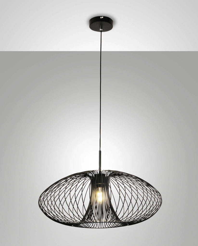 Lampada a Sospensione Fassa Ø60cm in Metallo Nero, Attacco E27 40W, Design Industriale, Classe di Isolamento 1, IP20 - Illuminazione Interni