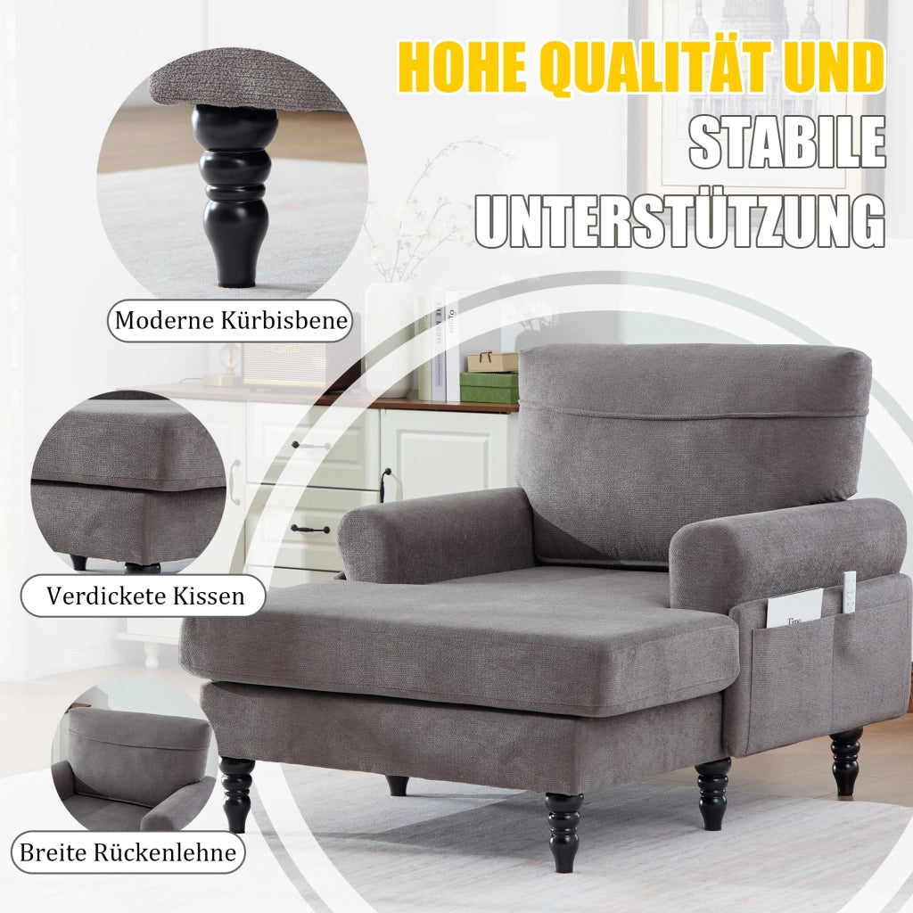 Poltrona Relax Ampia con Tasche Laterali Schienale e Braccioli Confortevoli Piedi in Legno Massello in Ciniglia Grigio Scuro