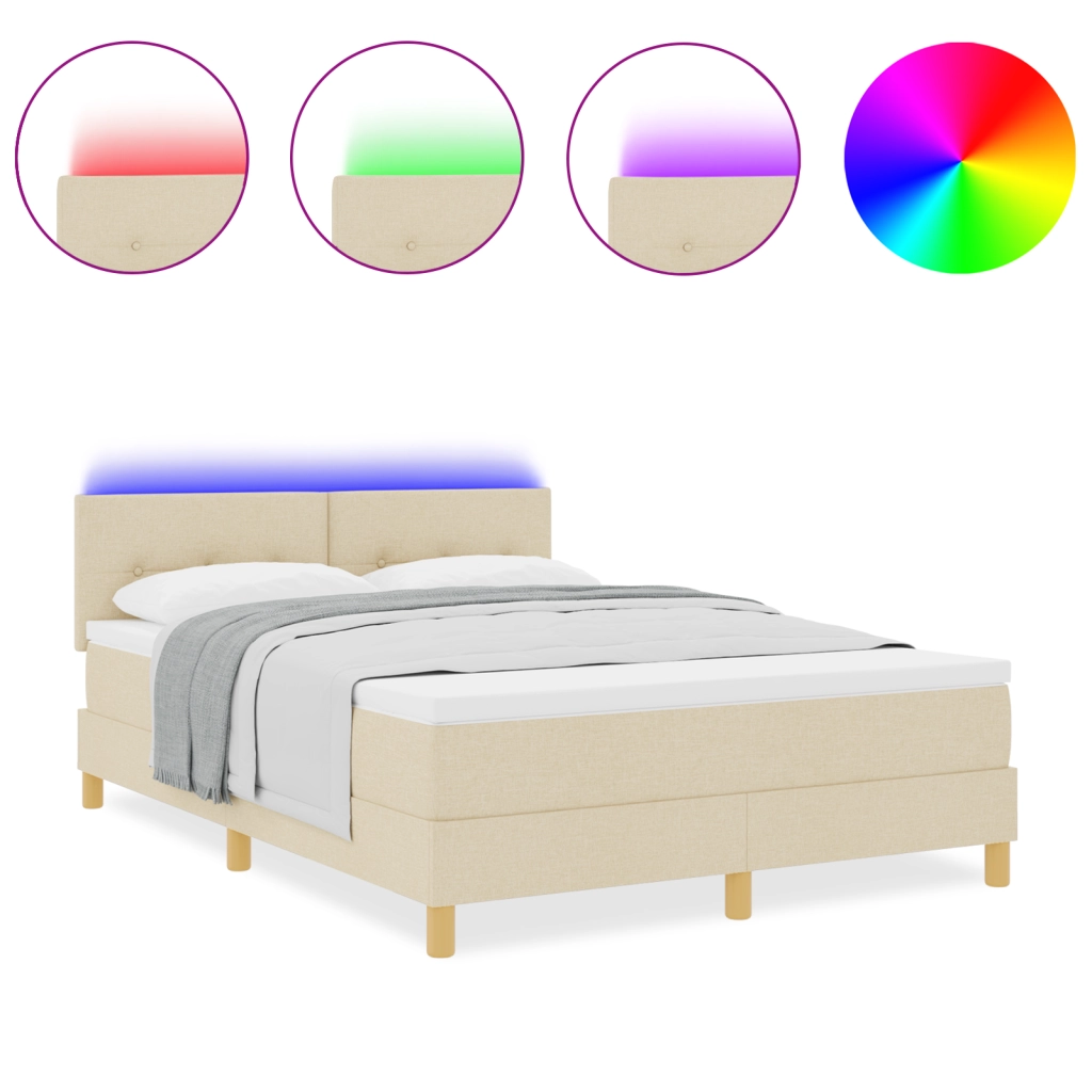 Letto Box Spring con Materasso & LED Panna 140x200 cm Tessuto