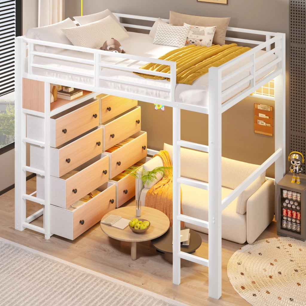 DESMIU Letto a soppalco 140 × 200 cm 2 posti con 8 cassetti, ripiani e LED, senza materasso, bianco