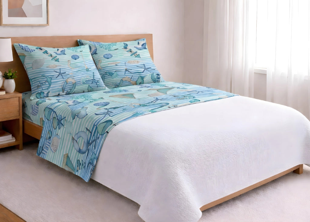 Completo Lenzuola Letto In 100% Cotone Made Italy Disegno Mare - Matrimoniale - Azzurro