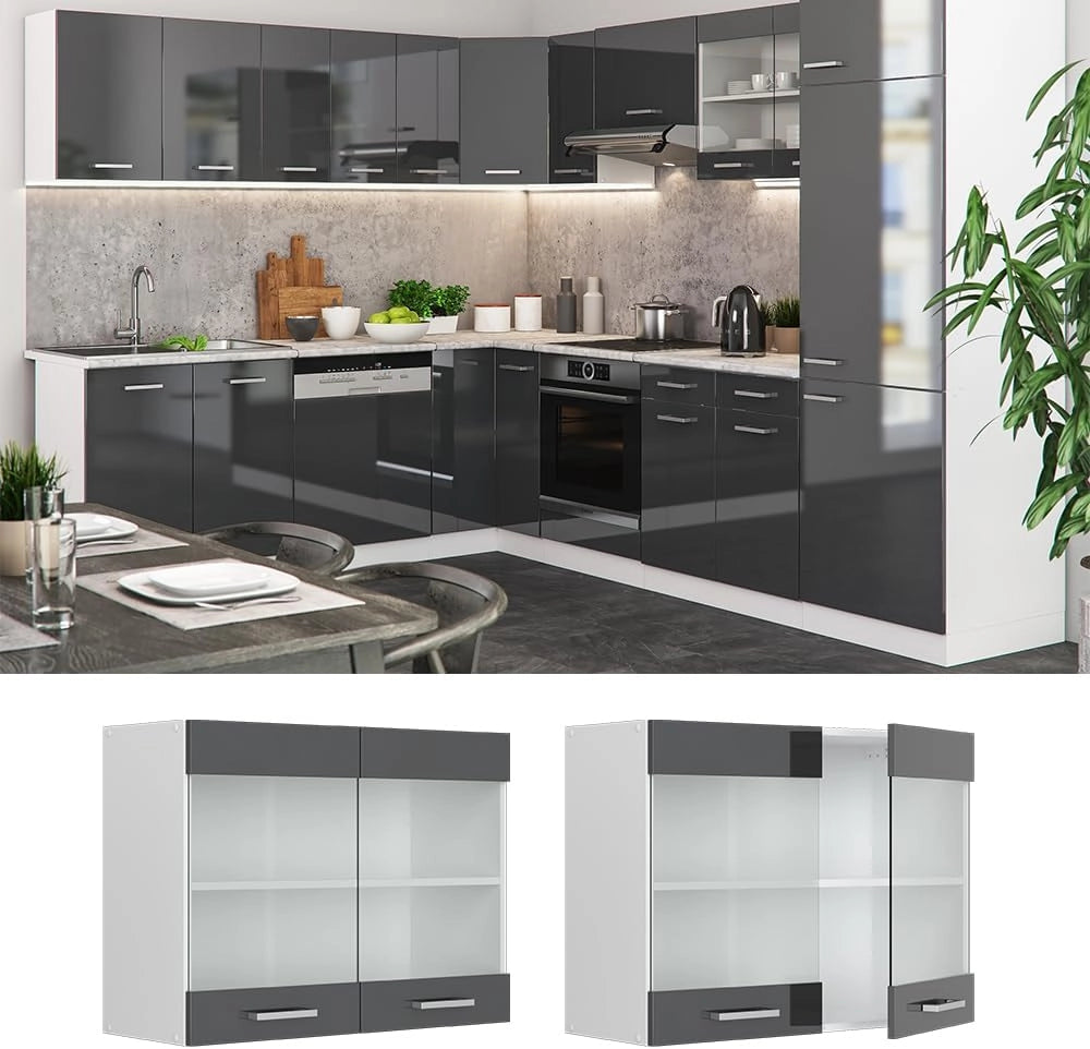 Mobile da cucina in vetro R-Line, Antracite lucido, 80 cm, per la libera combinazione all'interno di sistemi cucina modulari