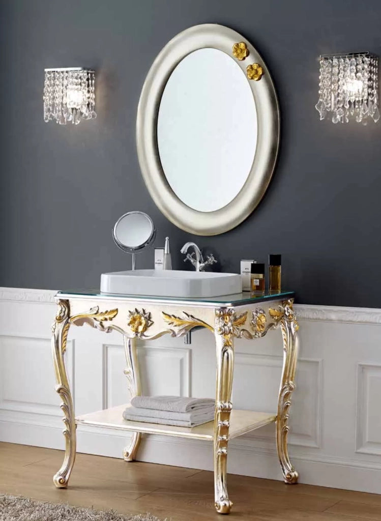 Mobile bagno barocca in foglia argento platino con particolari foglia oro misura : l. 85 x h. 85 x p.58