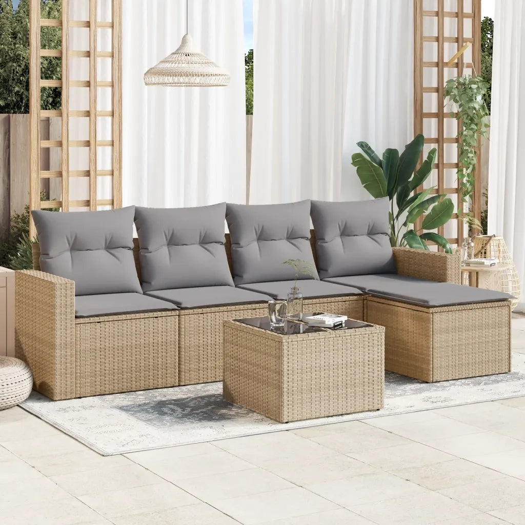 Set Divano da Giardino 6 pz con Cuscini Beige in Polyrattan