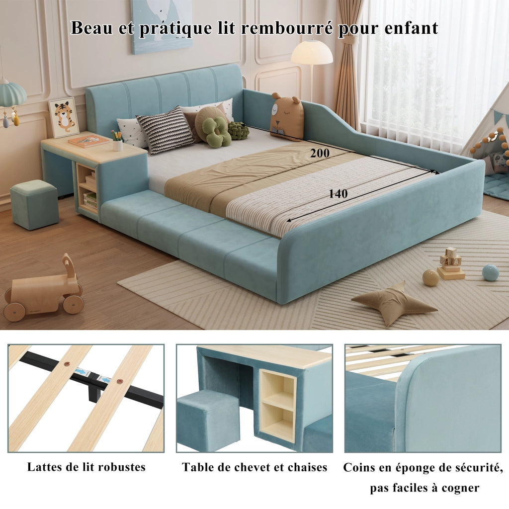 OKWISH Letto combinato 140×200 cm, Letto Singolo con Scrivania Laterale, Mensole e Pouf, senza Materasso, in Velluto, Blu