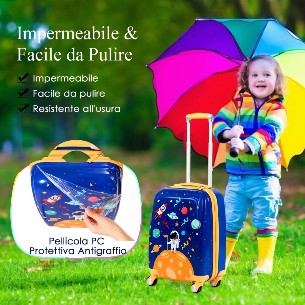 Set 2 pezzi Bagagli per bambini da viaggio con ruote girevole girevole 18" Trolley bimbo + 12" zaino Blu scuro-Bagagli e borse
