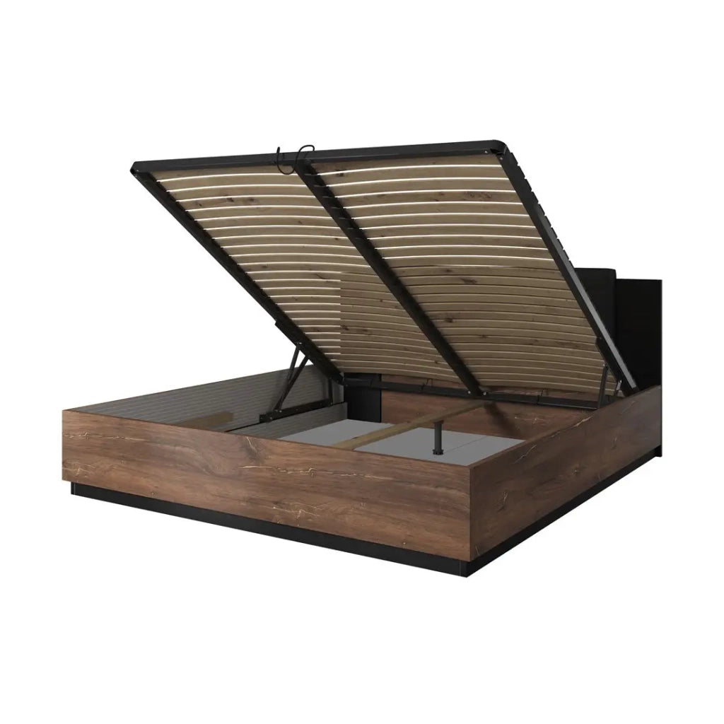 Letto contenitore 180x200 – Rovere scuro e nero – Collezione FOX – Rete inclusa