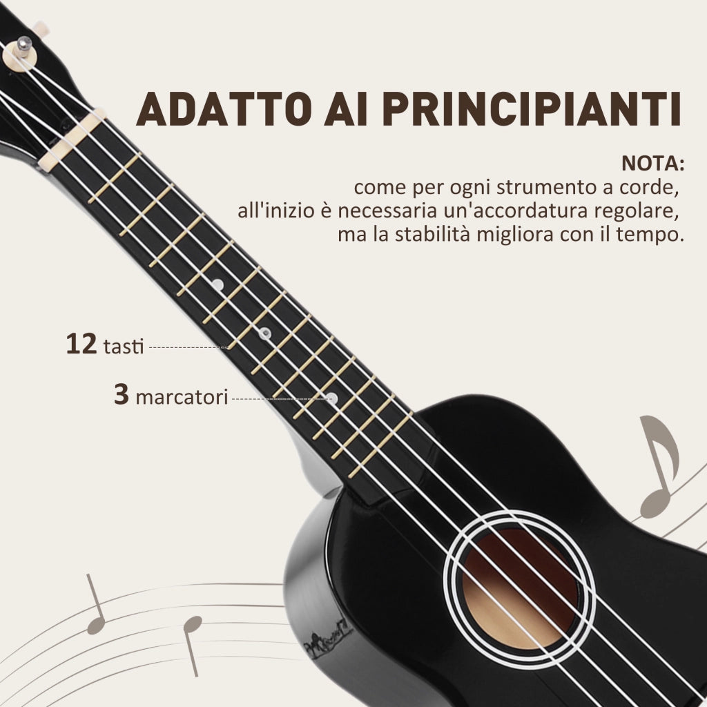 Ukulele Soprano per Principianti ¨C zephmum ¨C Legno con Corde Nylon, Nero 21 Pollici