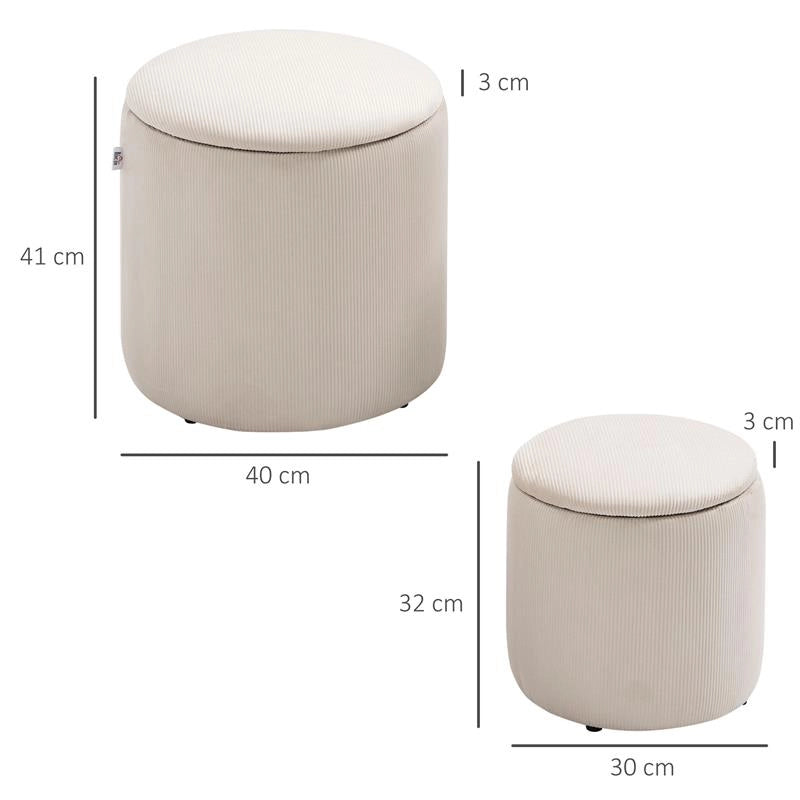 SET DI 2 POUF CONTENITORE SALVASPAZIO ROTONDI E IMBOTTITI IN VELLUTO A COSTE, BIANCO