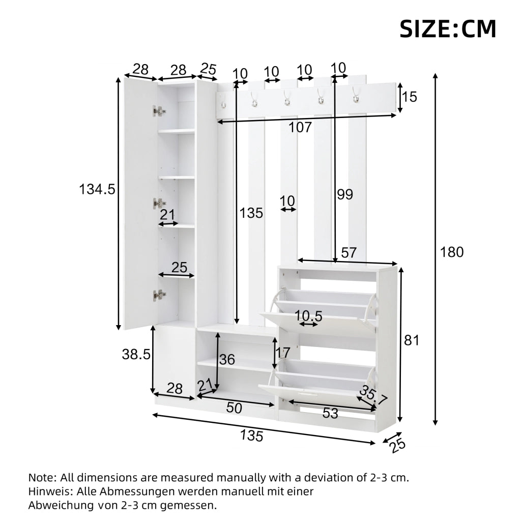 Mobile Ingresso con Specchio con 2 Ante a Ribalta e 5 Ganci; Scarpiera e Ripiani; in Pannello Truciolare; 135×25×180 cm; Bianco