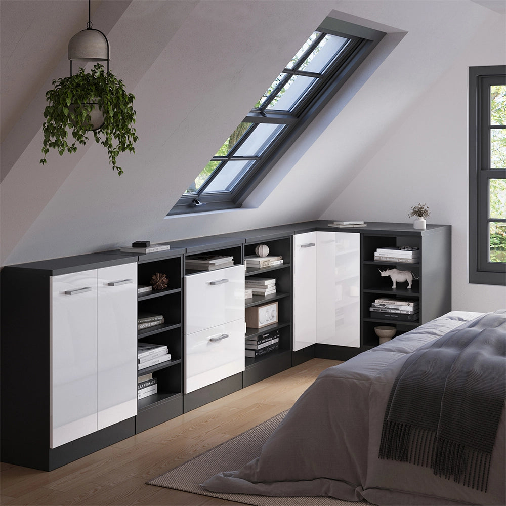 Mobile cucina angolare per sottotetto R-Line Bianco lucido/Antracite 75.6 cm con 1 porta, carcassa dell’armadio profondità 60 cm Vicco