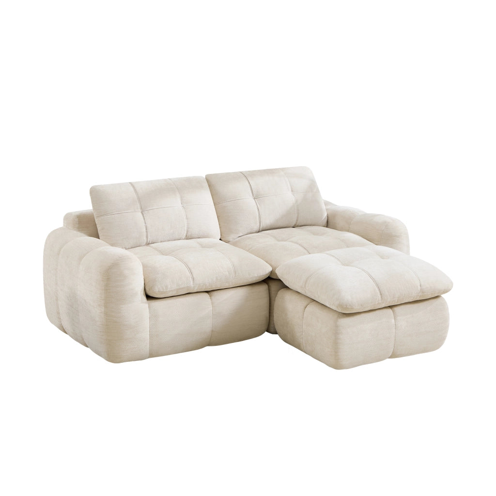 Divano modulare 2 posti con pouf - con seduta ergonomica e struttura sfoderabile in chenille beige