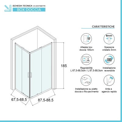 Box doccia 70x90 angolare doppio scorrevole con vetro temperato opaco e profili cromo Geo