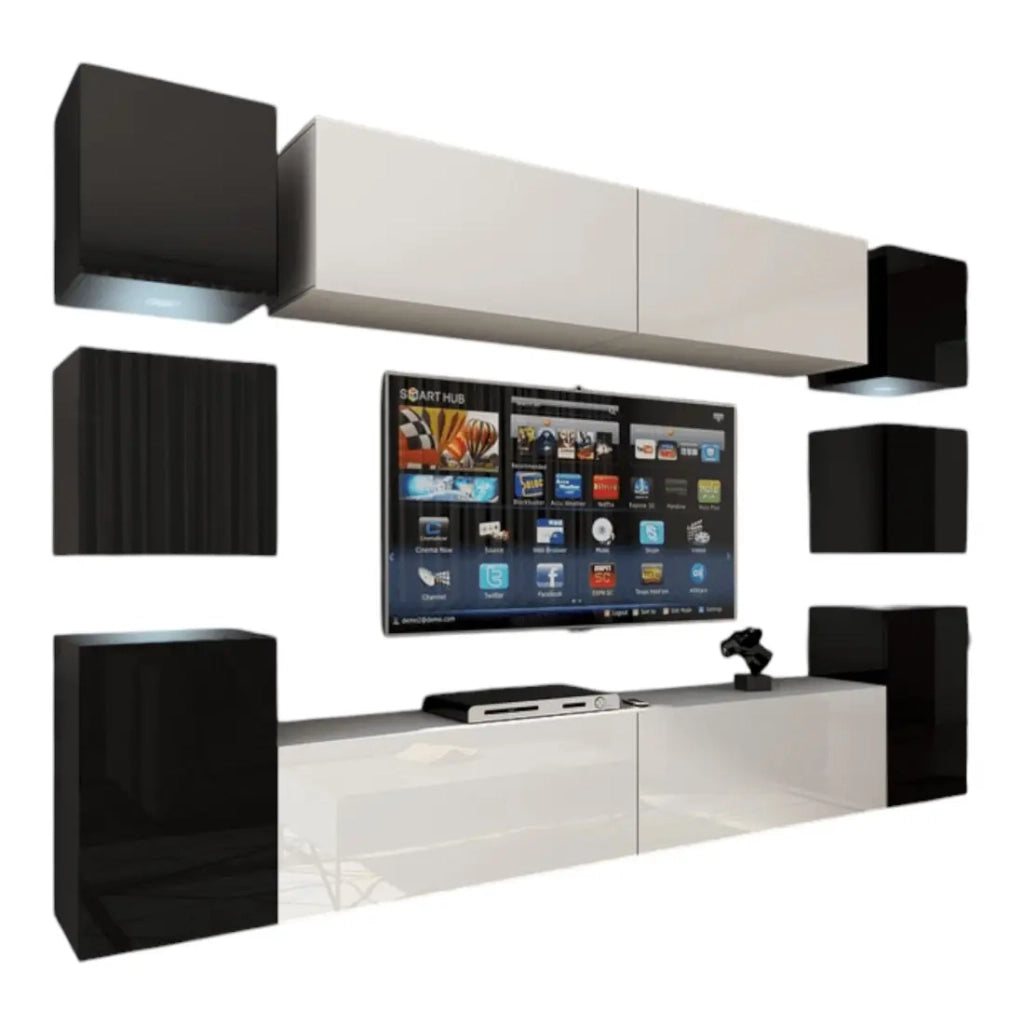 Set di mobili da soggiorno nero e bianco sospesi collezione CEPTO XIV. 256cm, 10 mobili, 10 porte, led.
