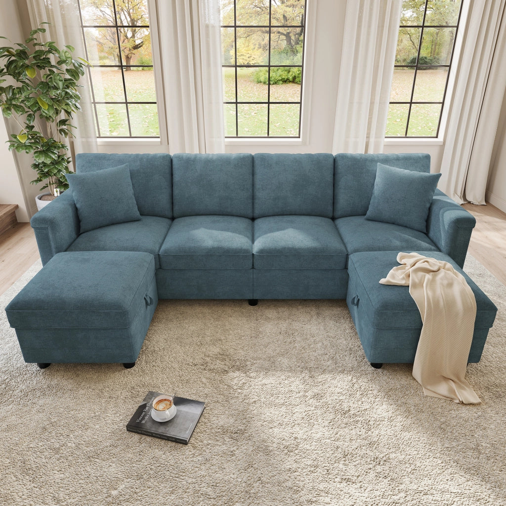 Divano modulare blu in ciniglia 261x134x82 cm con pouf contenitore; USB e Type-C