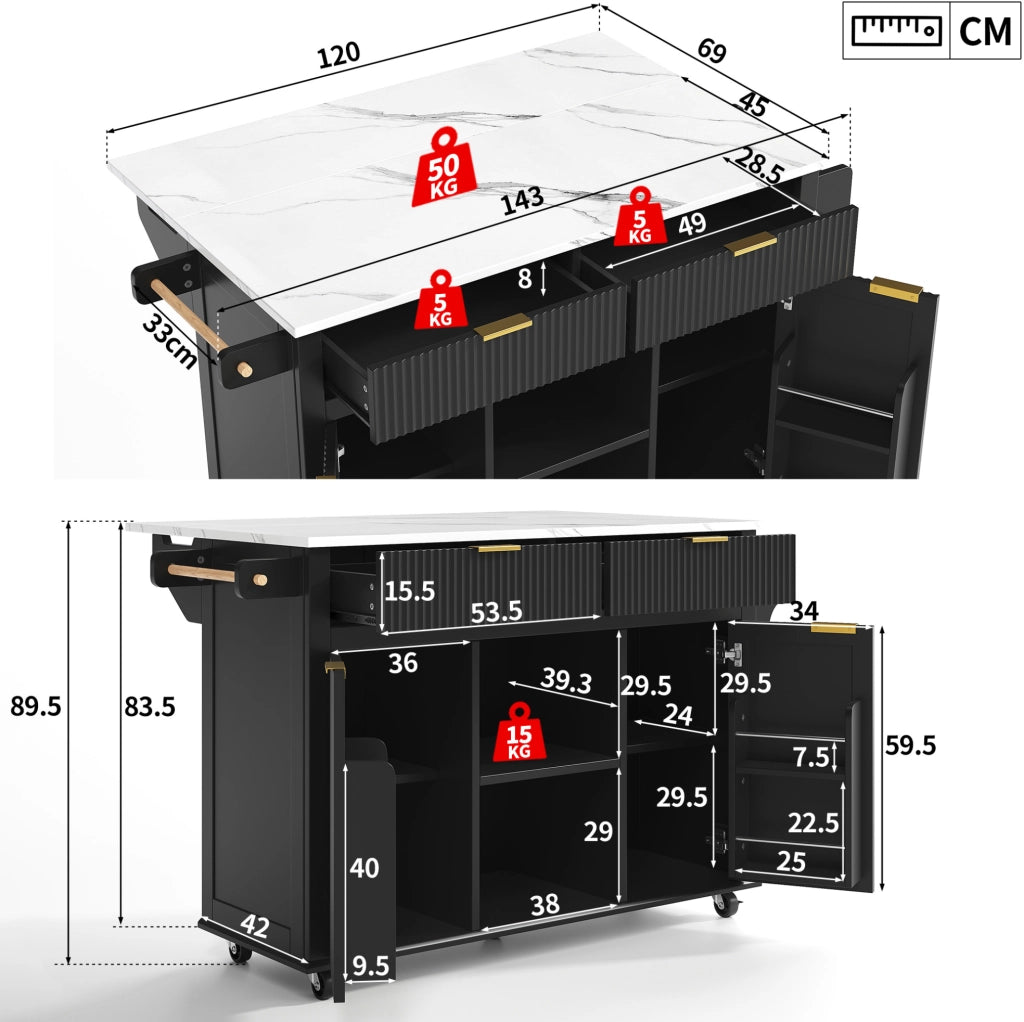 Isola cucina mobile con piano ribaltabile, 2 cassetti e 2 ante