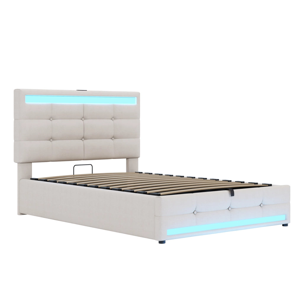 DESMIU Letto imbottito 90 × 200 cm 1 posto con LED RGB, 2 porte USB, testiera regolabile, senza materasso, beige