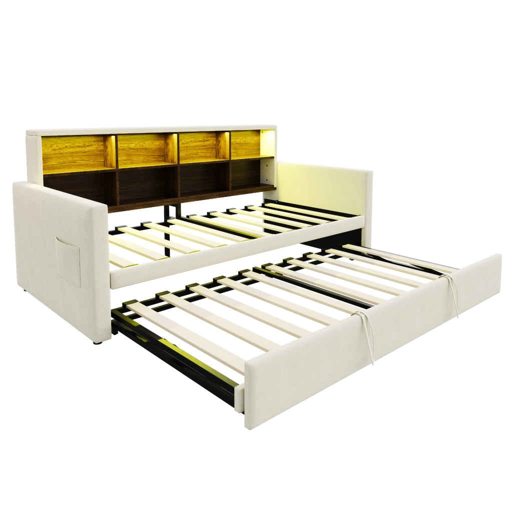 Divano letto imbottito 90x190 cm con letto estraibile; LED; prese USB/Type-C; velluto beige