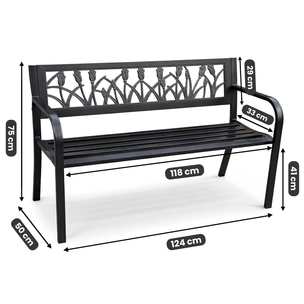 Panchina da giardino nera LISSA con gambe in acciaio larghezza 124 cm