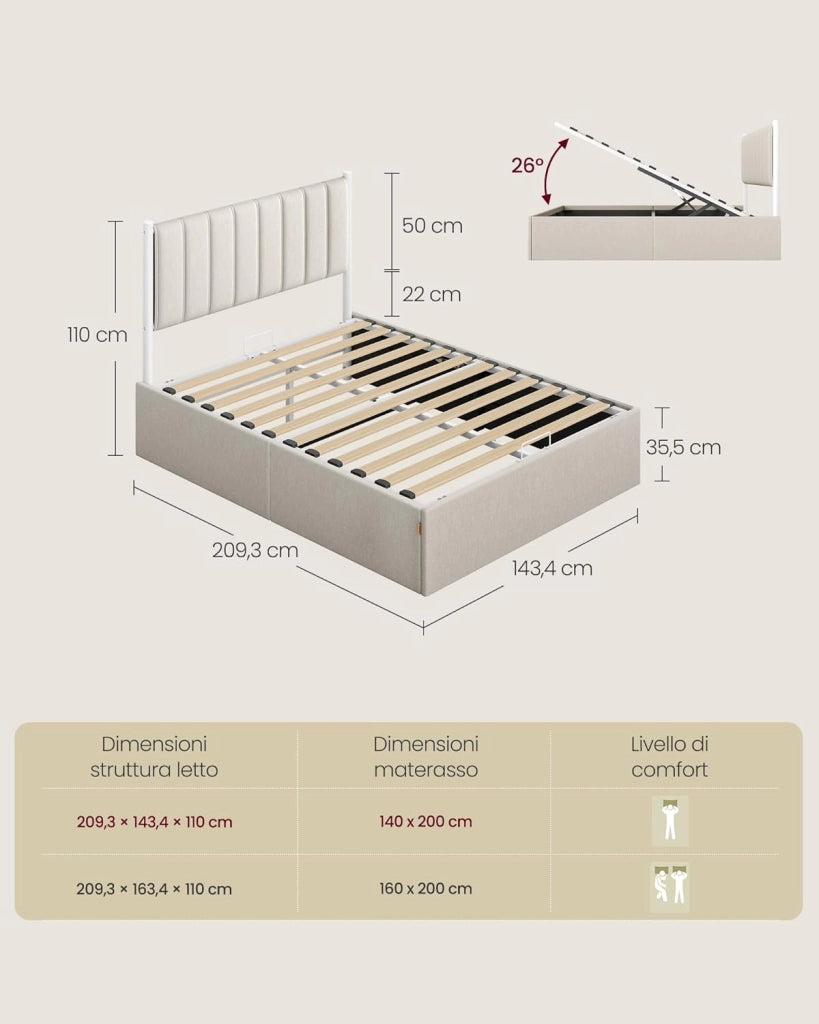 VASAGLE Struttura Letto, 140 x 200 cm, Letto Sollevabile con Contenitore, Testiera, Sollevamento Idraulico, Moderno e Semplice, Montaggio Facile, Beige Cappuccino RMB614LH01