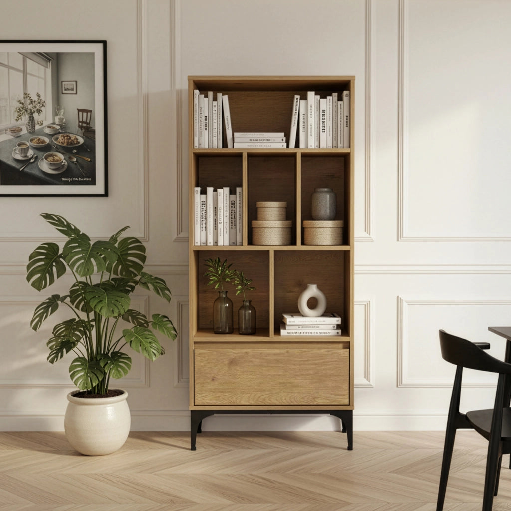 Libreria Kistiandi con 6 Vani Aperti e Cassetto 137 x 60 x 35 cm - Effetto Rovere Scuro [en.casa]