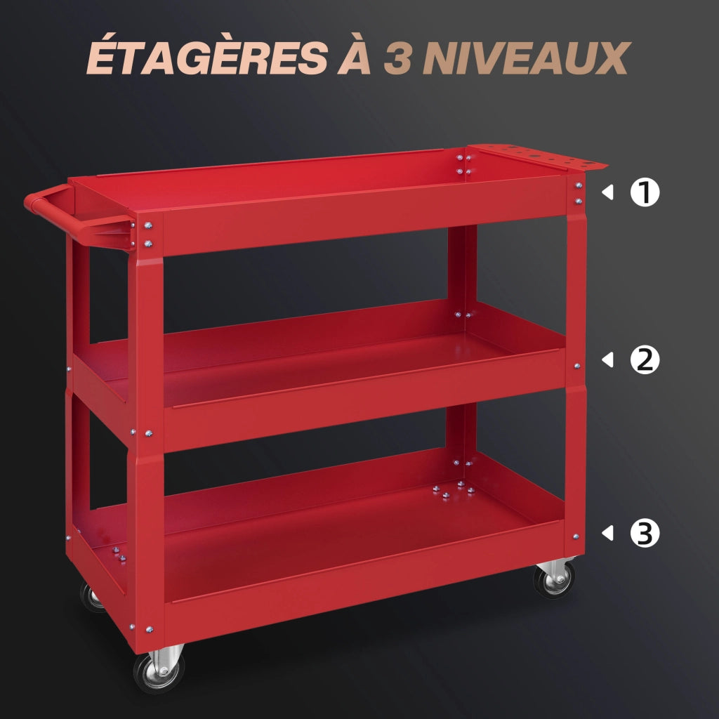Carrello da lavoro con 3 ripiani e ruote ¨C Zephmum ¨C Rosso, acciaio, 83x35.3x76 cm