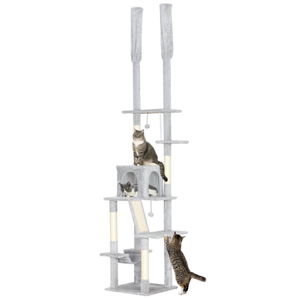Albero Tiragraffi a Soffitto con Altezza Regolabile 225-255 cm con Casetta e Amaca. Grigio Chiaro