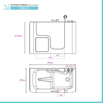 Vasca da bagno per anziani 130x90 sportello con apertura esterna a destra