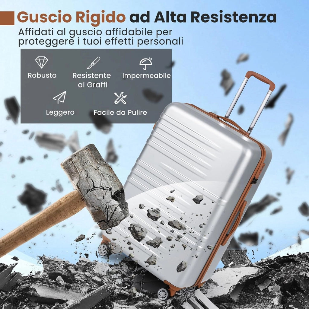 Set di Valigie Rigide 3 Pezzi, Set Valigia da Viaggio in ABS con TSA Lucchetto, Manico Telescopico in Alluminio e Ruote Piroettanti, 20", 24", 28" (Argento)