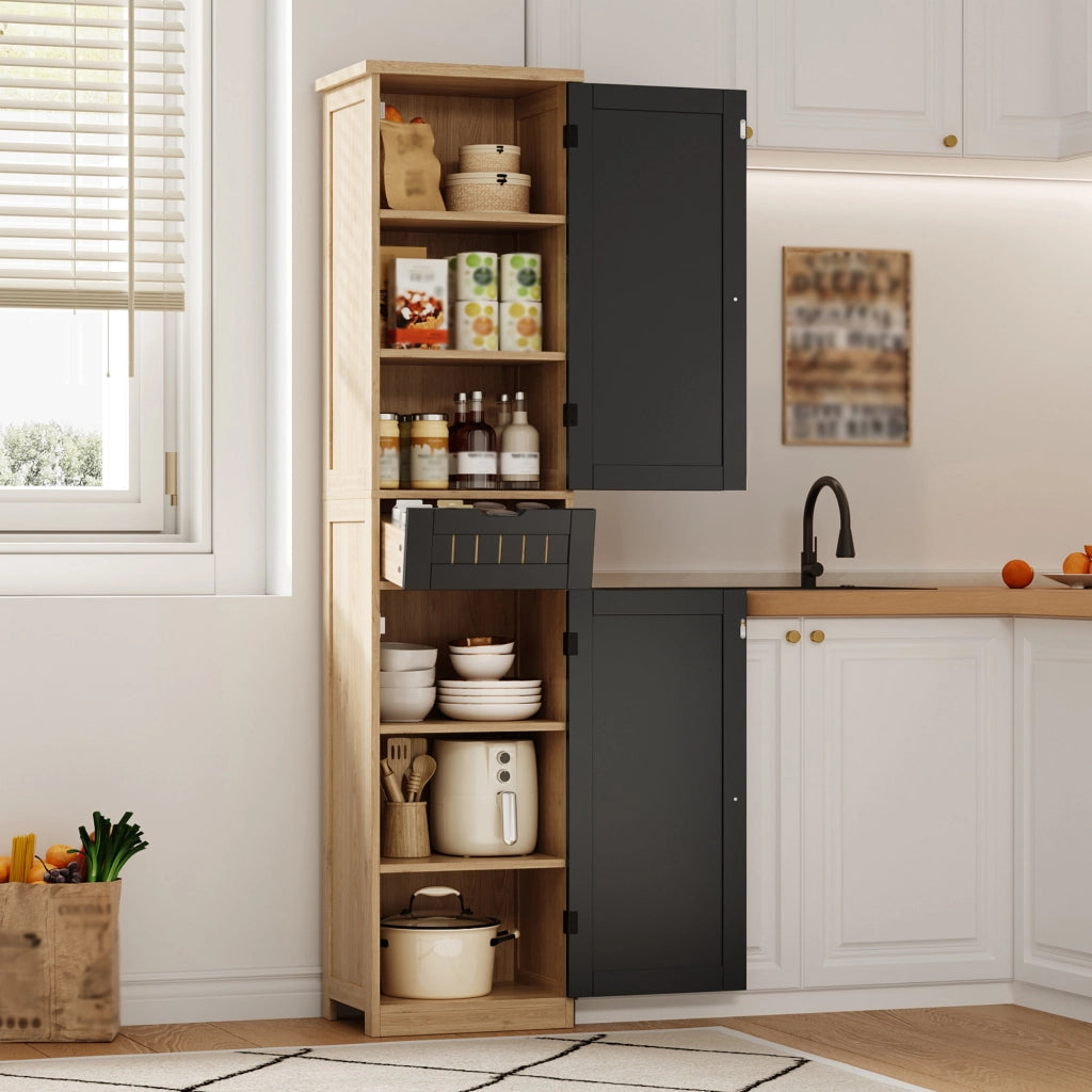 Credenza da cucina 170×40×30 cm in MDF con 2 ante, 1 cassetto e ripiani interni regolabili, colore Natural+Black