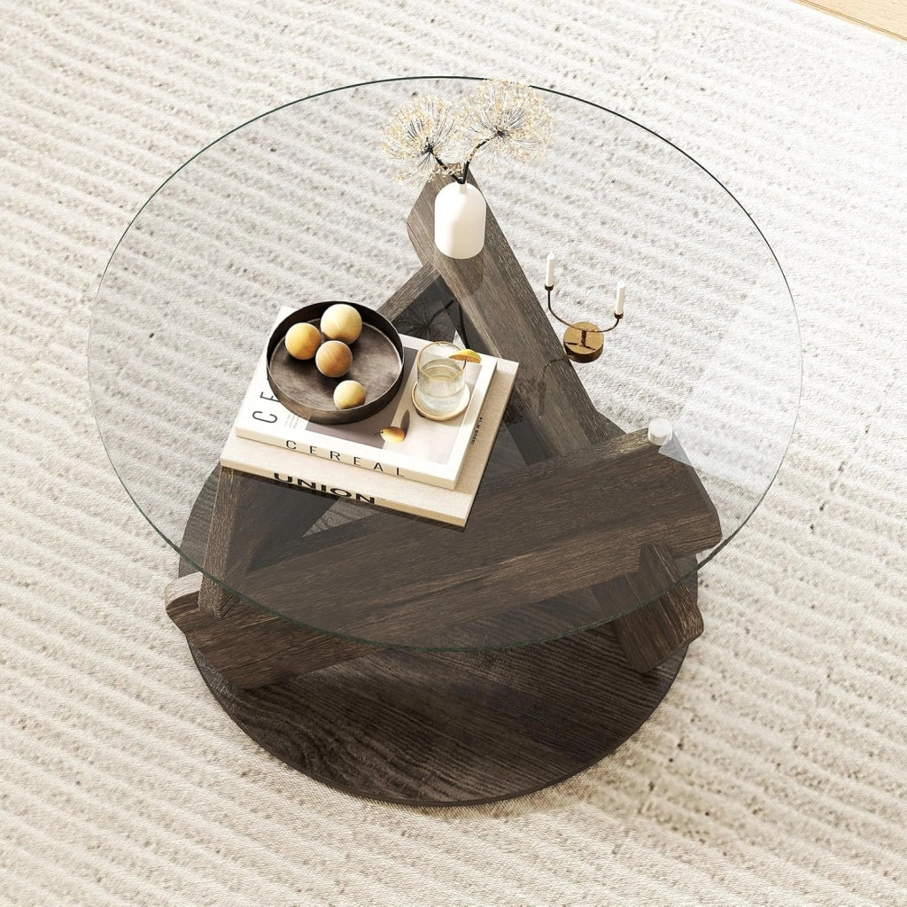 Tavolino in Vetro, Tavolo da Salotto Rotondo con Piano in Vetro Temperato, Gambe in Legno Massiccio, Tavolino Moderno, per Salotto, Camera, Ufficio, Appartamento, 81 x 49 cm, Grigio