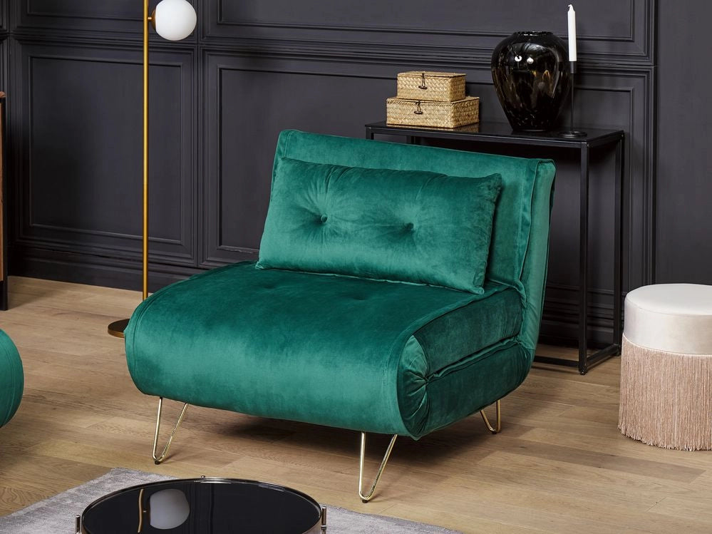 Divano letto piccolo velluto verde scuro 1 posto letto pieghevole senza braccioli con cuscino gambe in metallo dorato glamour