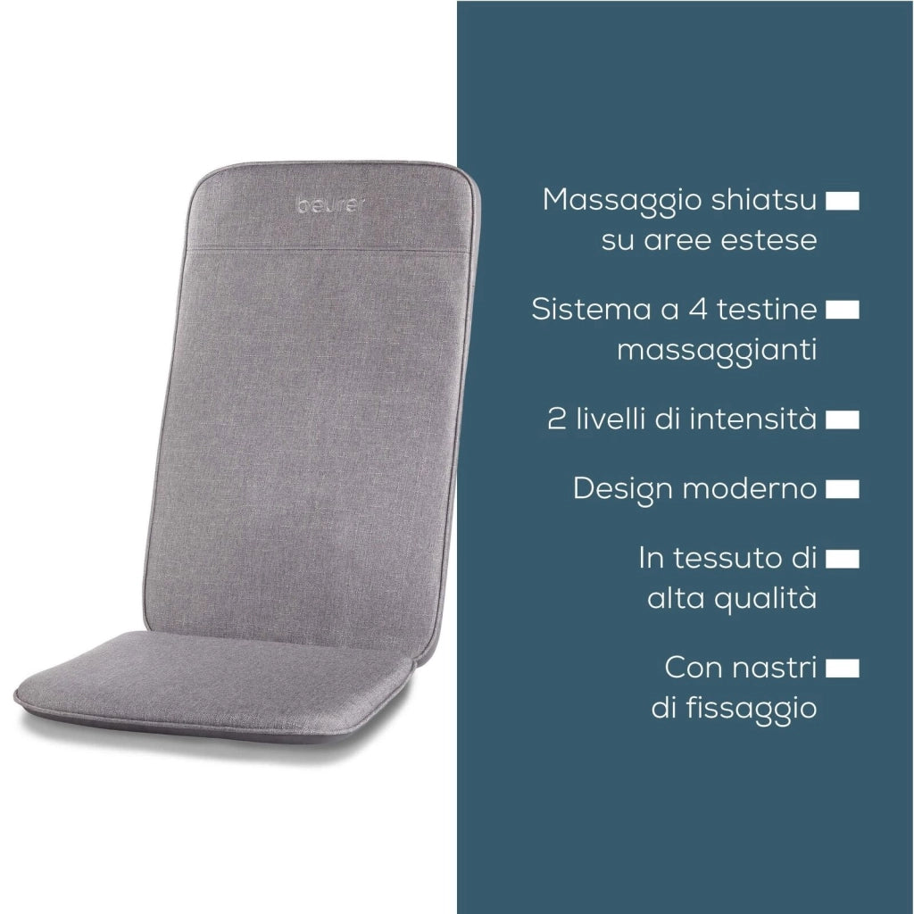 Beurer MG 202 - Cuscino massaggiante shiatsu per la casa e l'ufficio, 2 livelli di intensità, corpo posteriore sottile, adatto per poltrone, divani e sedie da ufficio, design moderno, grigio chiaro
