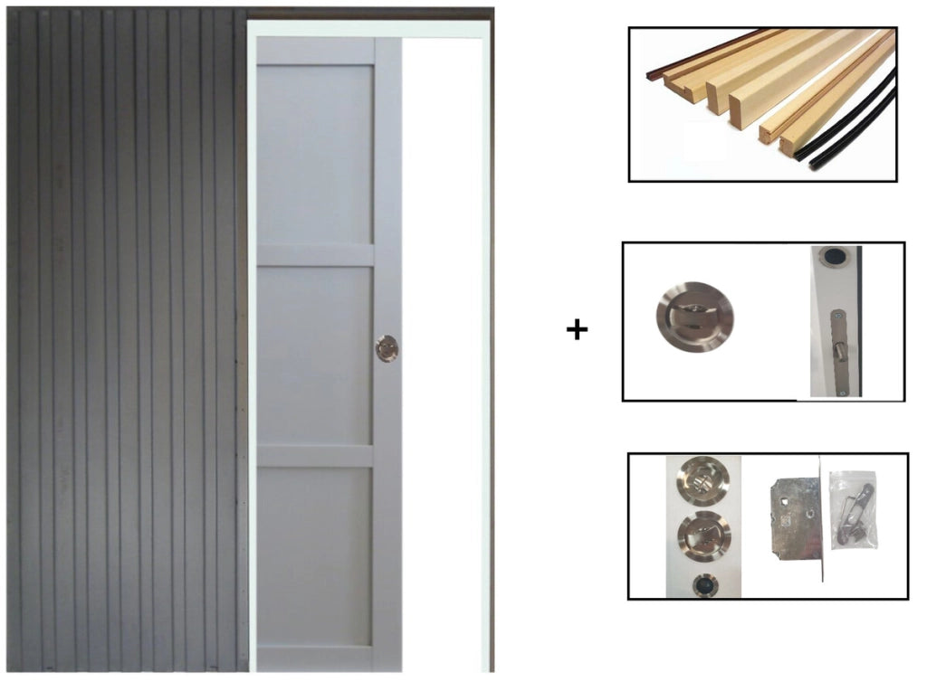 Porta scorrevole a 3 pannelli grigio chiaro H204 x L.83 + Sistema di chiusura e rivestimento in dotazione senza maniglia
